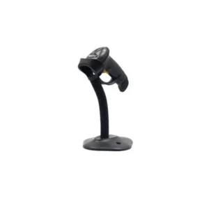 Black handheld barcode scanner positioned on flexible desktop stand