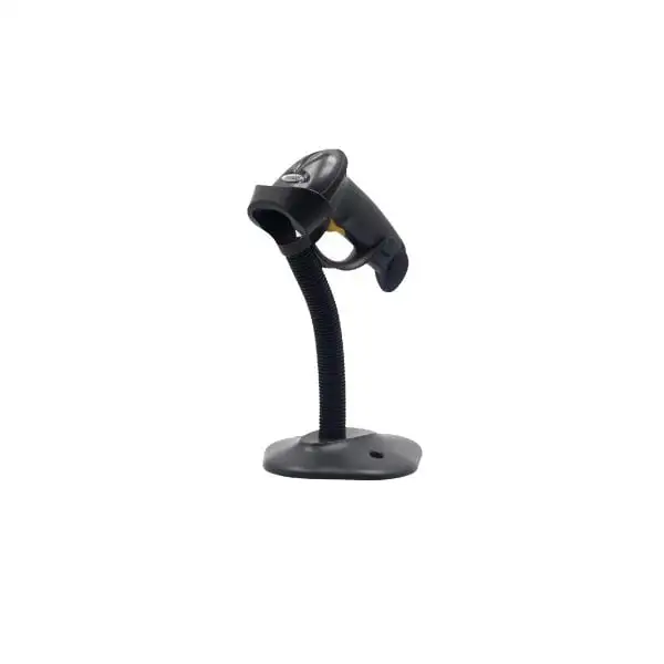 DS2208-Barcode-Scanner Black handheld barcode scanner positioned on flexible desktop stand