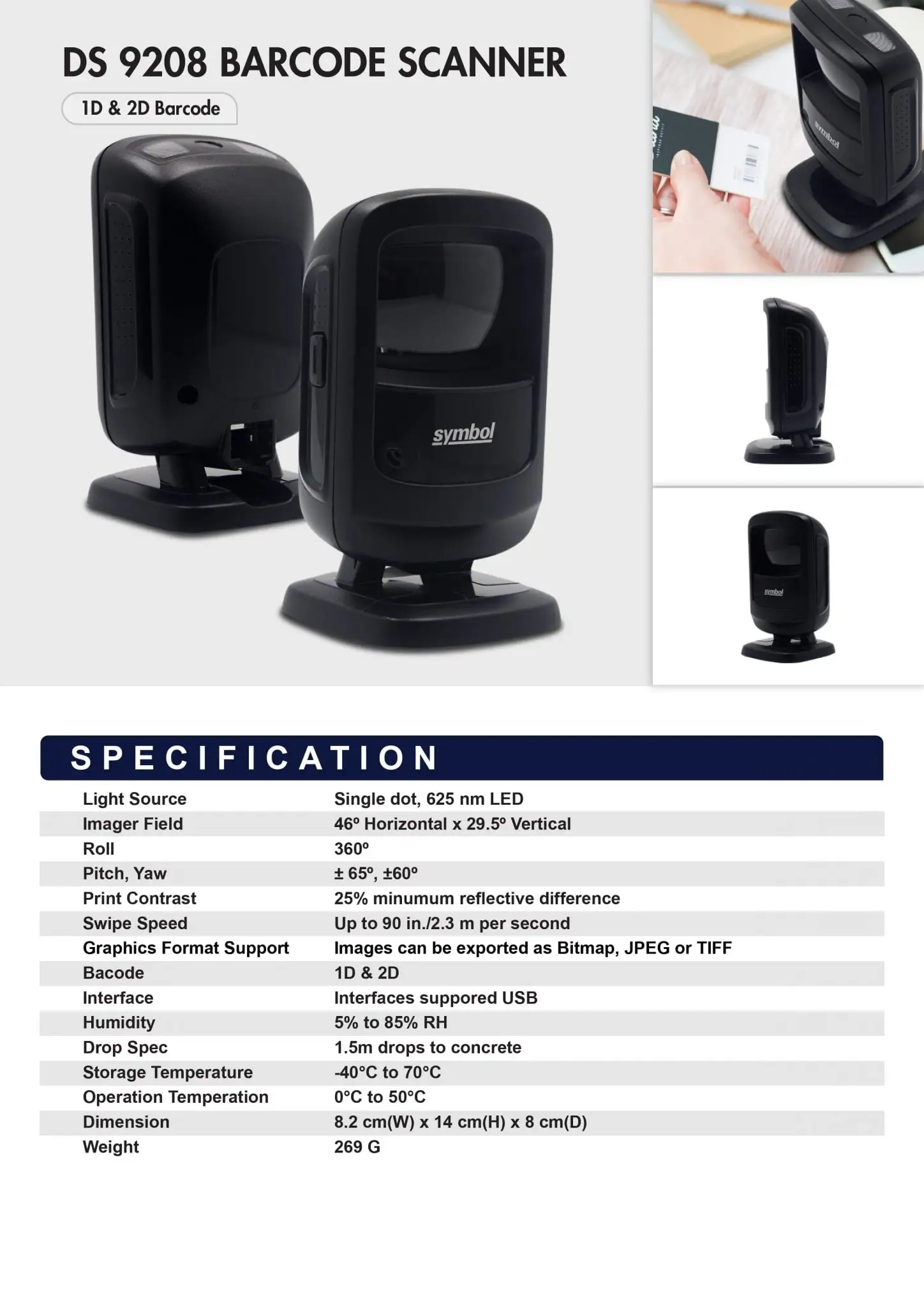 DS 9208 barcode scanner specifications showing 1D 2D capabilities with Symbol branding