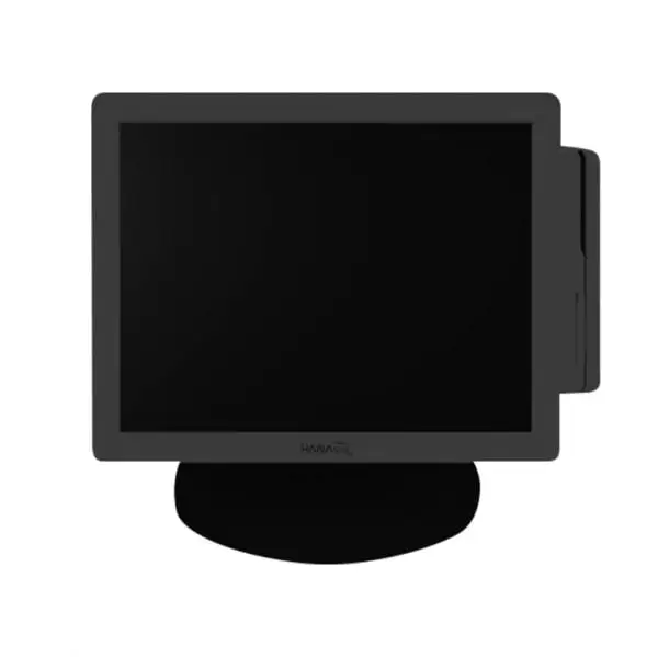 HANASIS-HIT-Intel-Celeron-J1900-Pos-Terminal2 Front view of black POS terminal featuring capacitive touchscreen and integrated desktop stand design