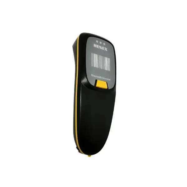 HC-300R-Barcode-Scanner Compact handheld scanning device featuring digital readout screen and bright trigger detail