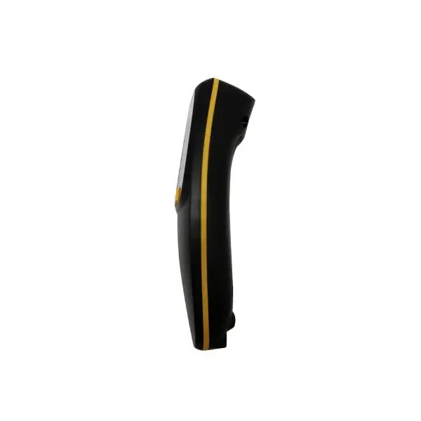 HC-300R-Barcode-Scanner2 Side profile of black portable barcode scanner with yellow accent stripe and compact design