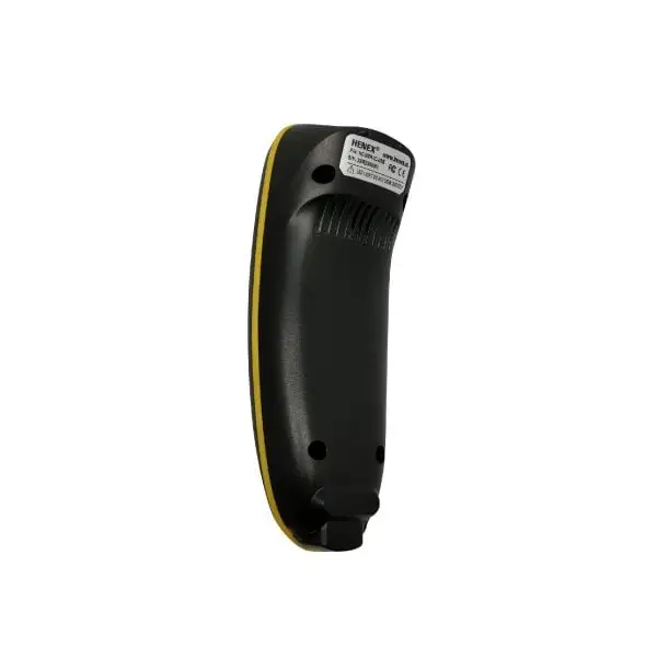 HC-300R-Barcode-Scanner3 Back side of handheld scanning device displaying regulatory markings and HENEX branding