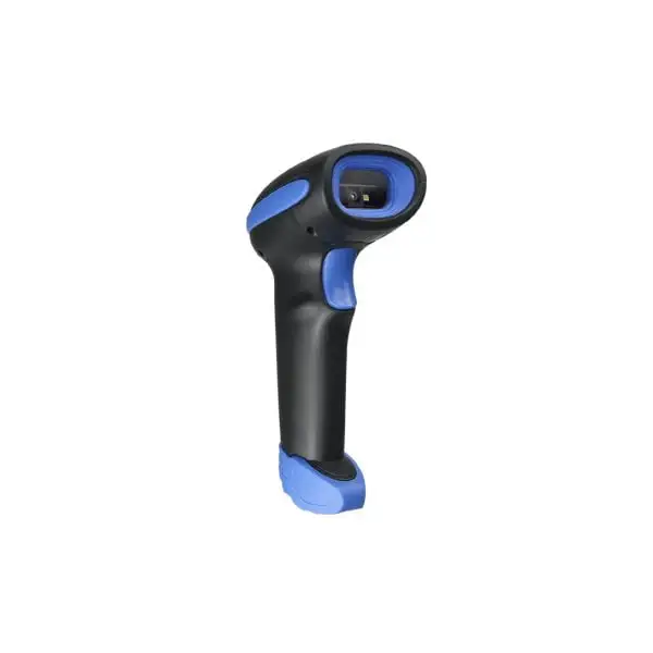 HC-3208-Barcode-Scanner Black handheld barcode scanner with blue accent grips and ergonomic pistol-style design