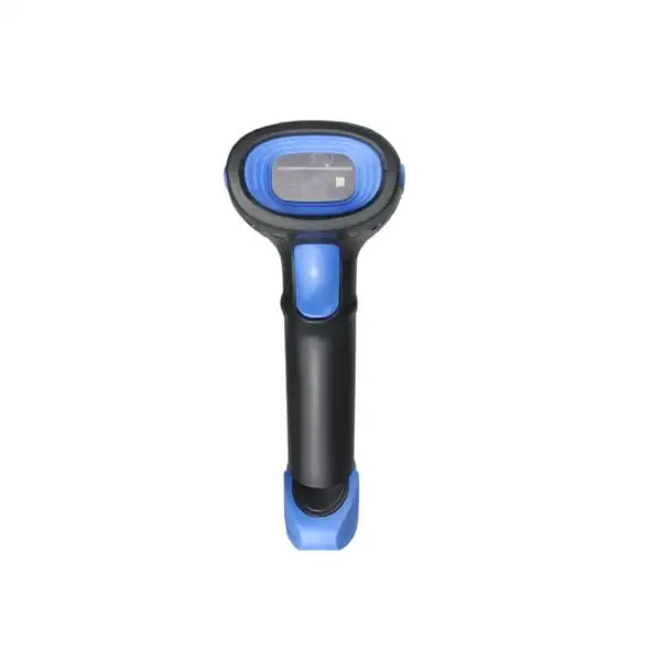 HC-3208-Barcode-Scanner1 Front view of black barcode scanner with blue accents showing large oval scanning window