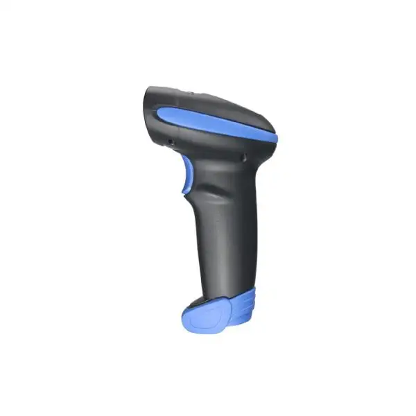 HC-3208-Barcode-Scanner2 Side profile of black barcode scanner with blue accents showing ergonomic grip design