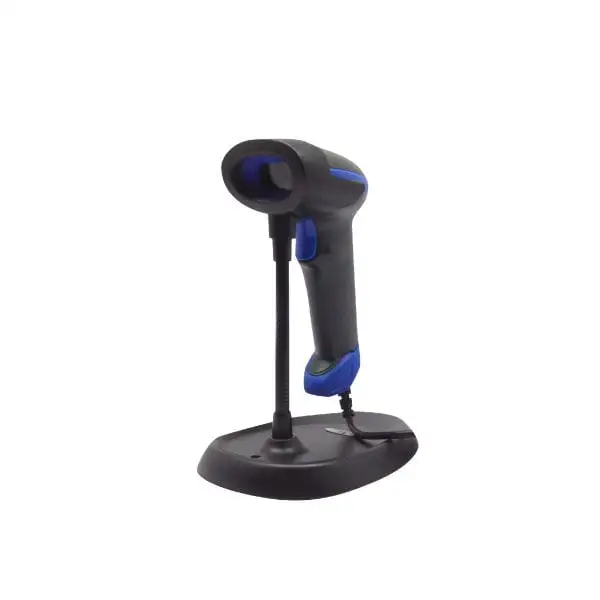 HC-3208-Barcode-Scanner3 Black barcode scanner with blue accents positioned on desktop stand with flexible arm