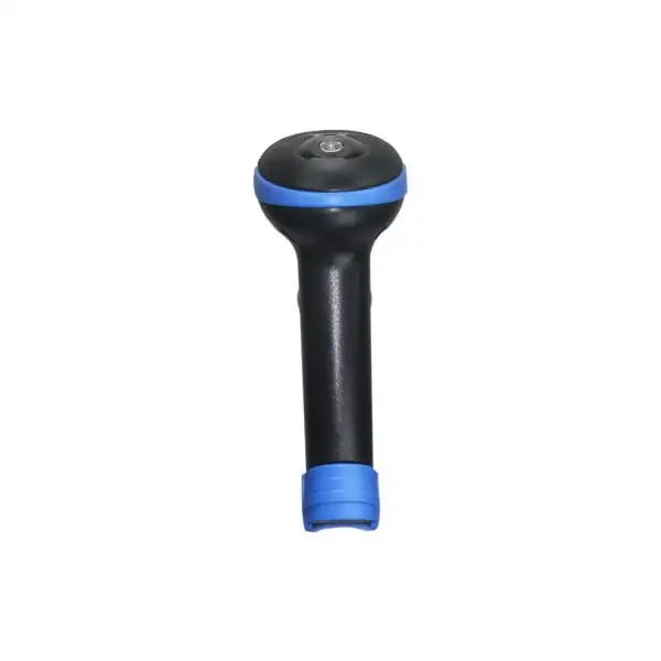 HC-3208-Barcode-Scanner4 Black handheld barcode scanner with blue accent ring around scanning head and grip base