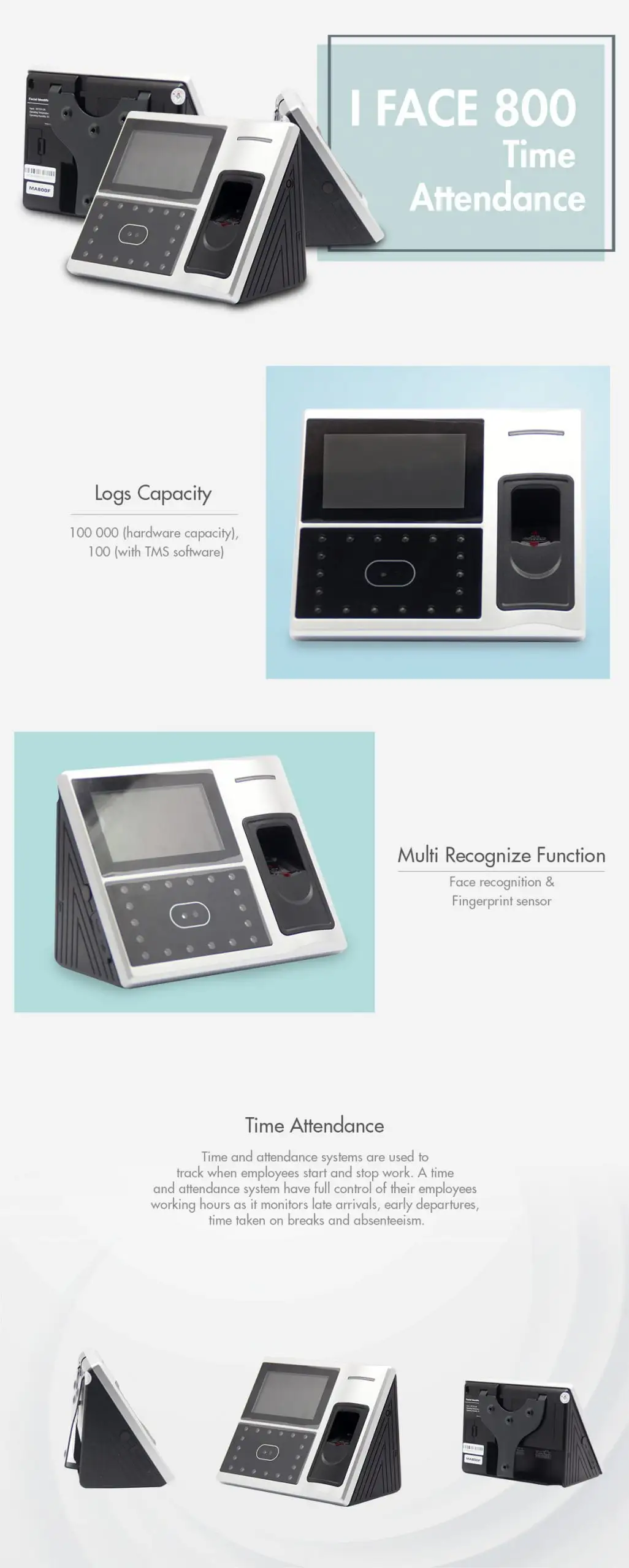 Multi-function biometric device featuring face recognition and fingerprint scanning for employee time tracking