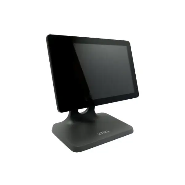 IMIN-D2-402-Pos-Terminal4 Front-facing iMin POS terminal with black touchscreen display and stable desktop stand configurationFront-facing iMin POS terminal with black touchscreen display and stable desktop stand configuration
