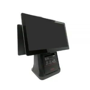 Angled perspective of black POS terminal displaying dual-display setup and all-in-one hardware design