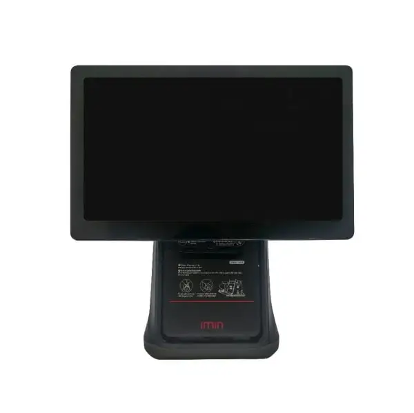IMIN-D4-505-Android-7.1-iMin-OS-Pos-Terminal2 Single black touchscreen POS terminal with integrated base design and modern desktop form factor