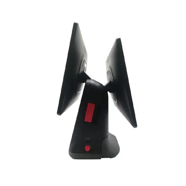 IMIN-D4-505-Android-7.1-iMin-OS-Pos-Terminal3 Rear view of dual-screen POS terminal showing back-to-back monitor configuration and stable base stand