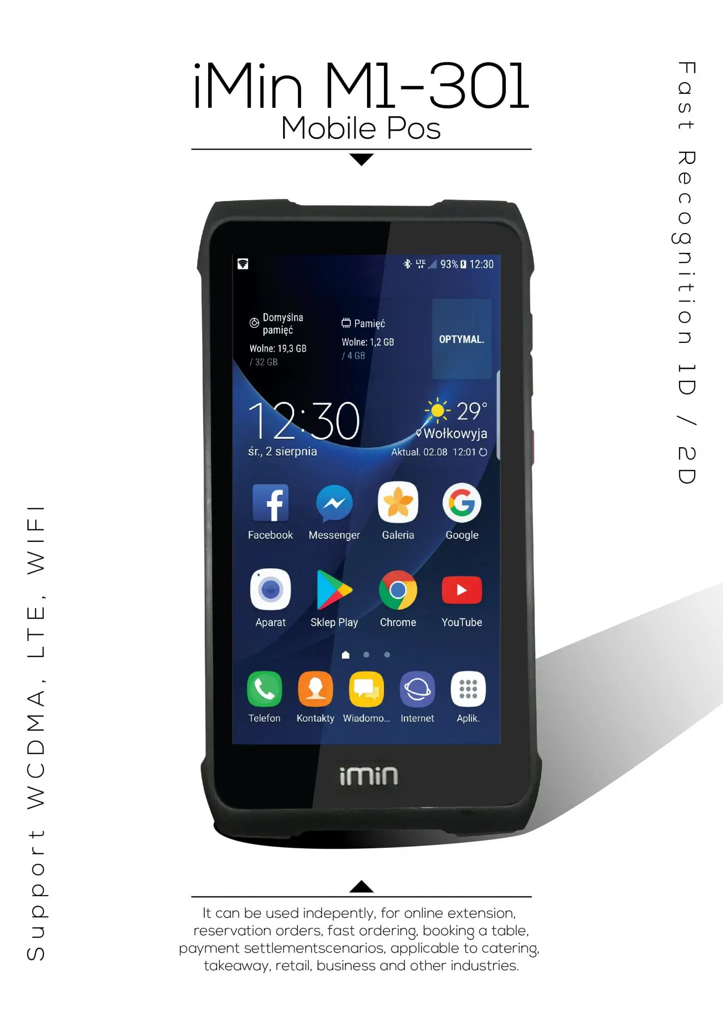 iMin M1-301 Mobile POS rugged tablet displaying colorful app interface with weather and business applications