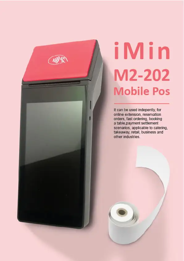 iMin M2-202 Mobile POS terminal with red NFC reader and receipt paper roll for payment processing solutions