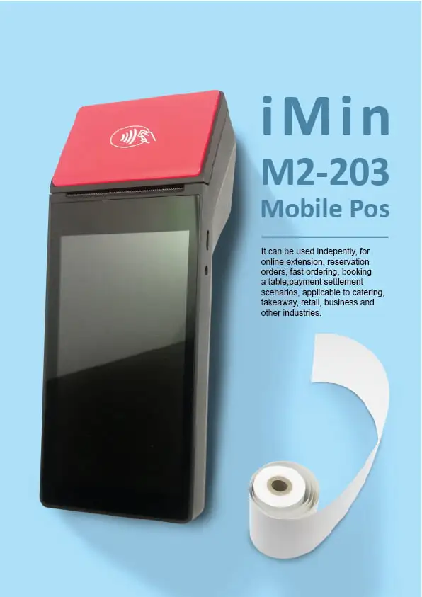 iMin M2-203 Mobile POS terminal with blue background featuring touchscreen display and receipt paper roll