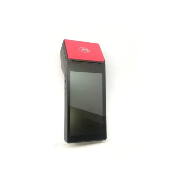 IMIN-M2-203-Mobile-Terminal Side angle view of iMin Mobile POS terminal showcasing sleek black design with red contactless payment module