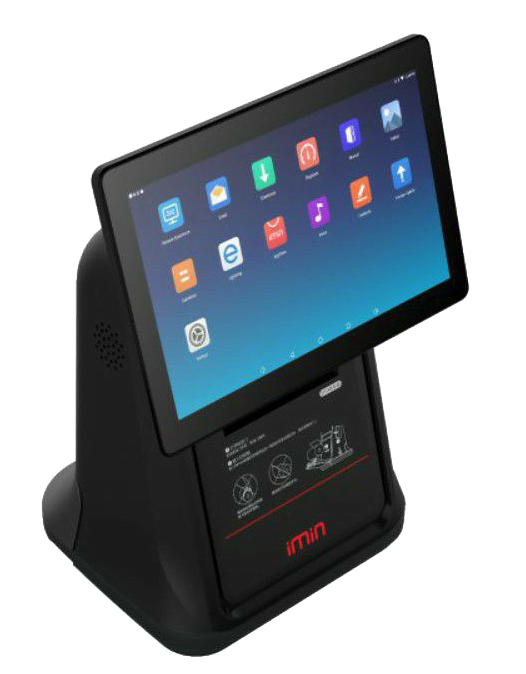Imin-D4-501-Pos-Terminal-3 Side angle view of black POS terminal with Android interface and integrated receipt printer functionality