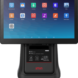 Black POS terminal with Android interface showing app icons and integrated receipt printer base design