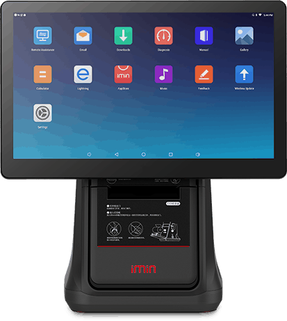 Imin-D4-501-Pos-Terminal Black POS terminal with Android interface showing app icons and integrated receipt printer base design