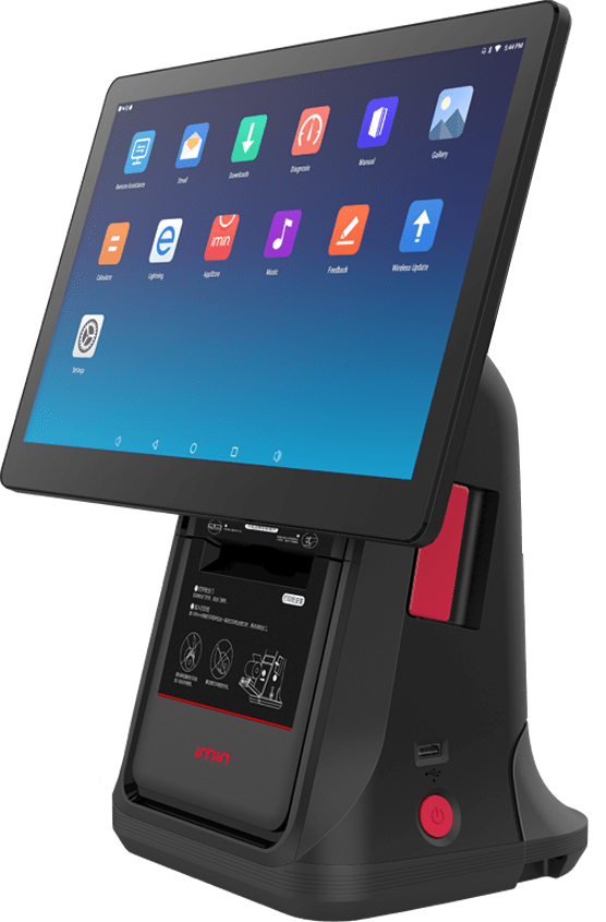 Imin-D4-501-Pos-Terminal2 iMin POS terminal with tilted touchscreen display showing Android apps and integrated printer base