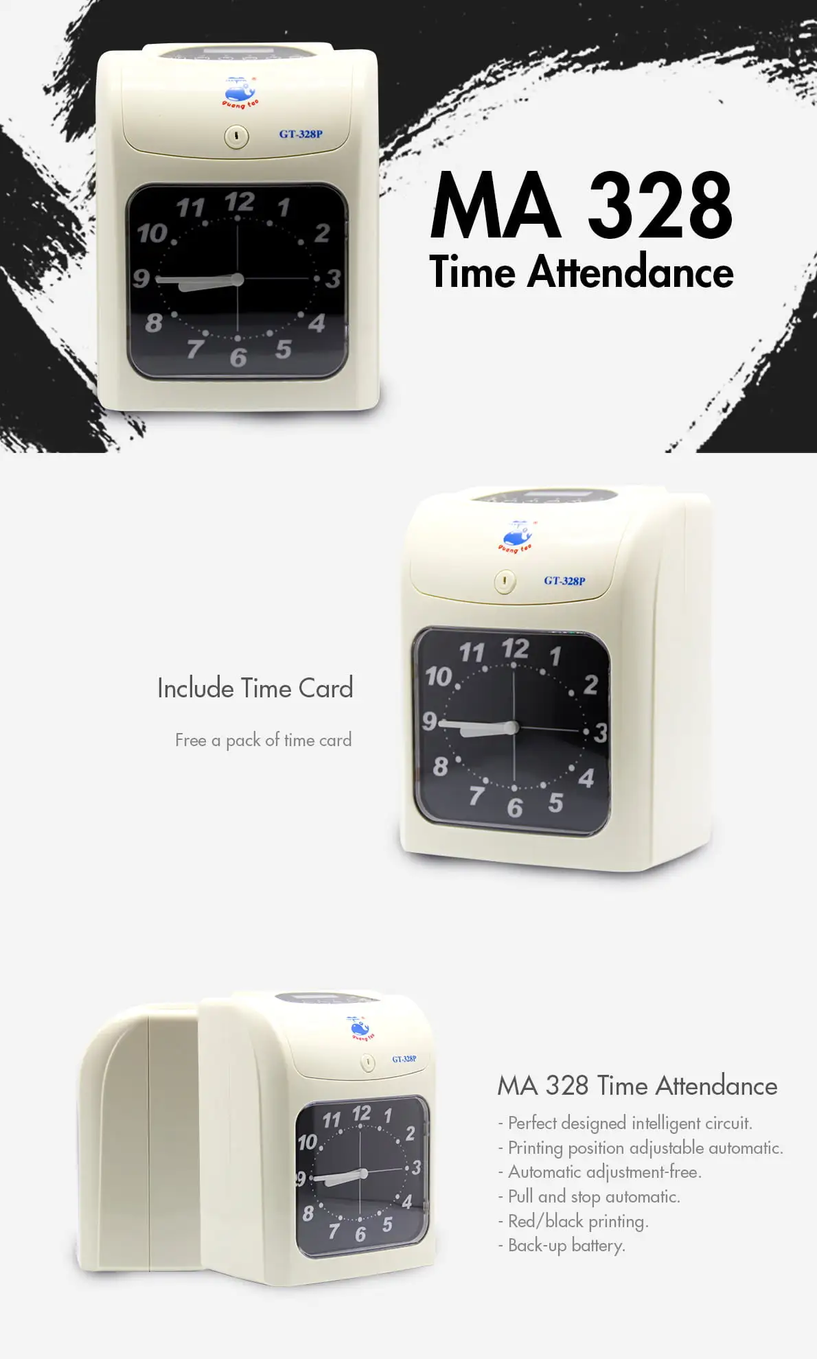 MA 328 time attendance promotional poster featuring cream analog clock with free time card pack included