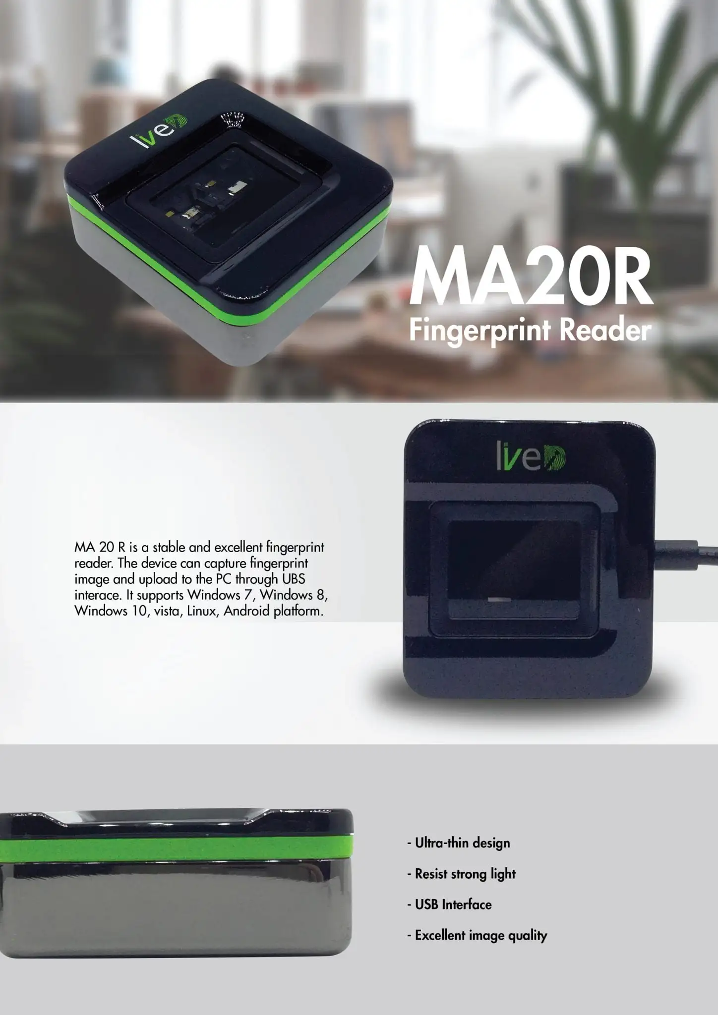 MA20R fingerprint reader with green accents supporting multiple platforms for biometric authentication