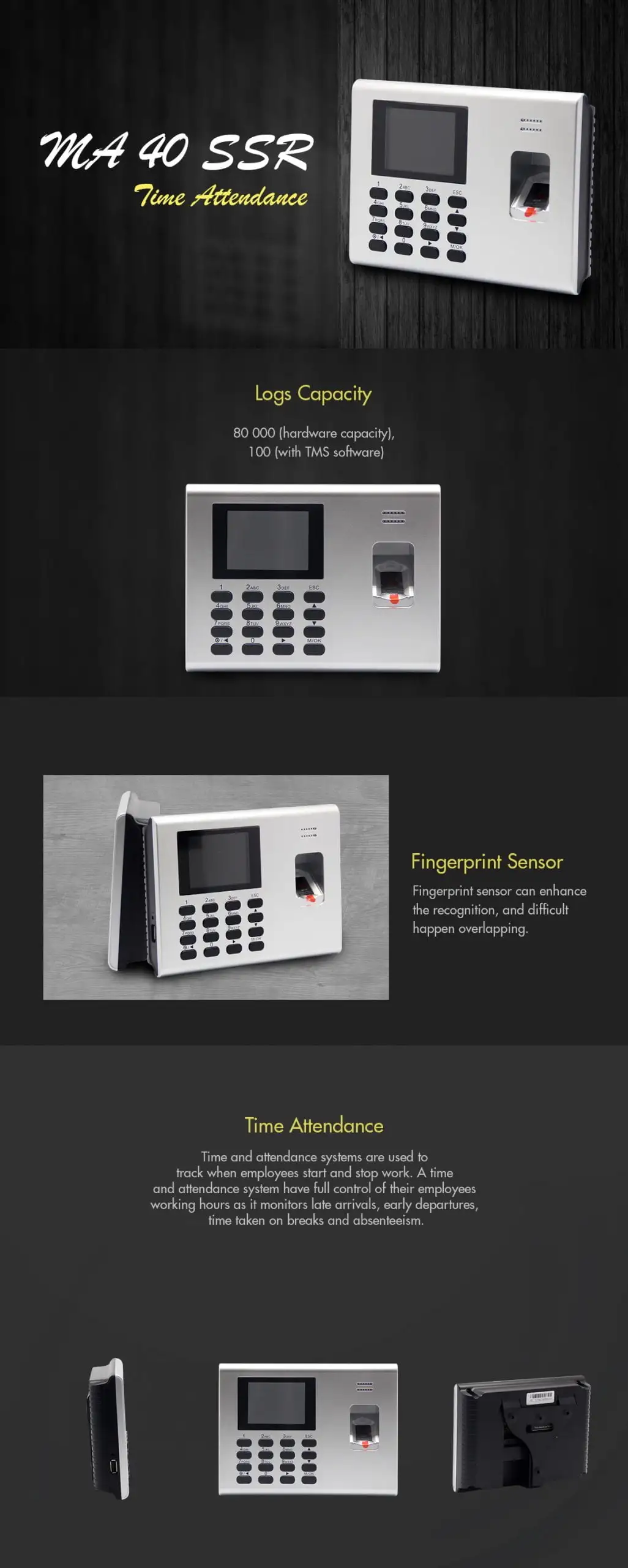 MA 40 SSR time attendance poster highlighting fingerprint sensor technology and employee tracking capabilities with device specifications