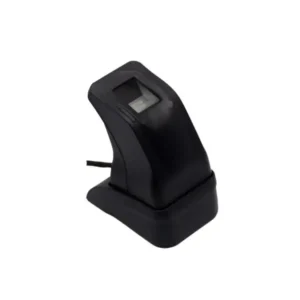 Compact biometric fingerprint scanner with optical sensor window and ergonomic black housing design