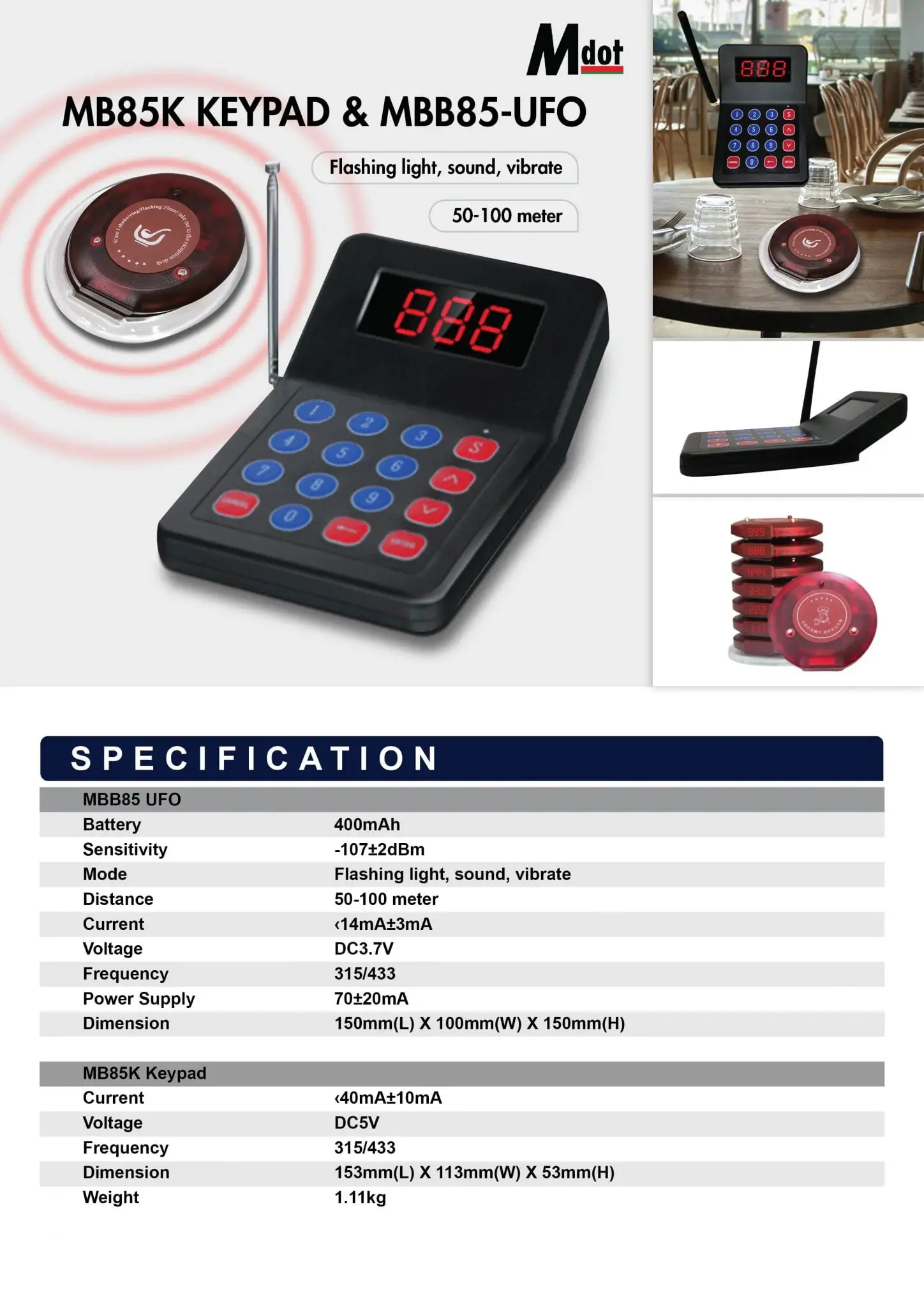 MB85K keypad with MBB85-UFO call bell system showing red pager with flashing light and sound vibration features