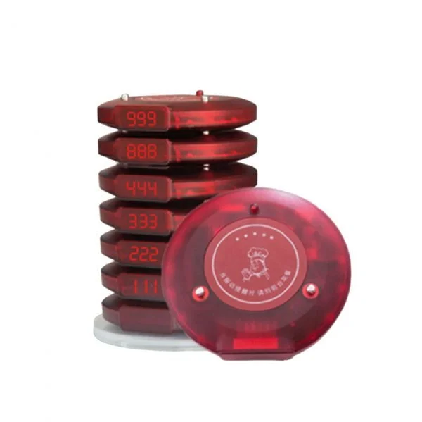MB85K-MBB85-Call-Bell-System2 Red translucent wireless pagers stacked showing LED numbers for restaurant call bell system queue management