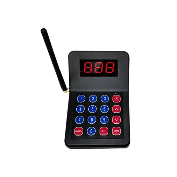 MB85K-MBB85-Call-Bell-System3 Black paging controller featuring digital display and colorful button layout for restaurant service systems
