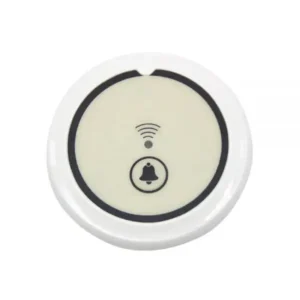 White circular call bell system button with wireless signal and bell icon for restaurant table service requests