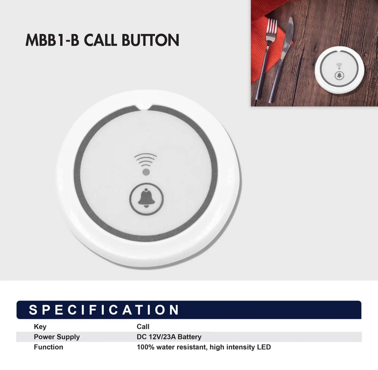 MBB1-B call bell system button showing white wireless transmitter with bell icon and restaurant table setting
