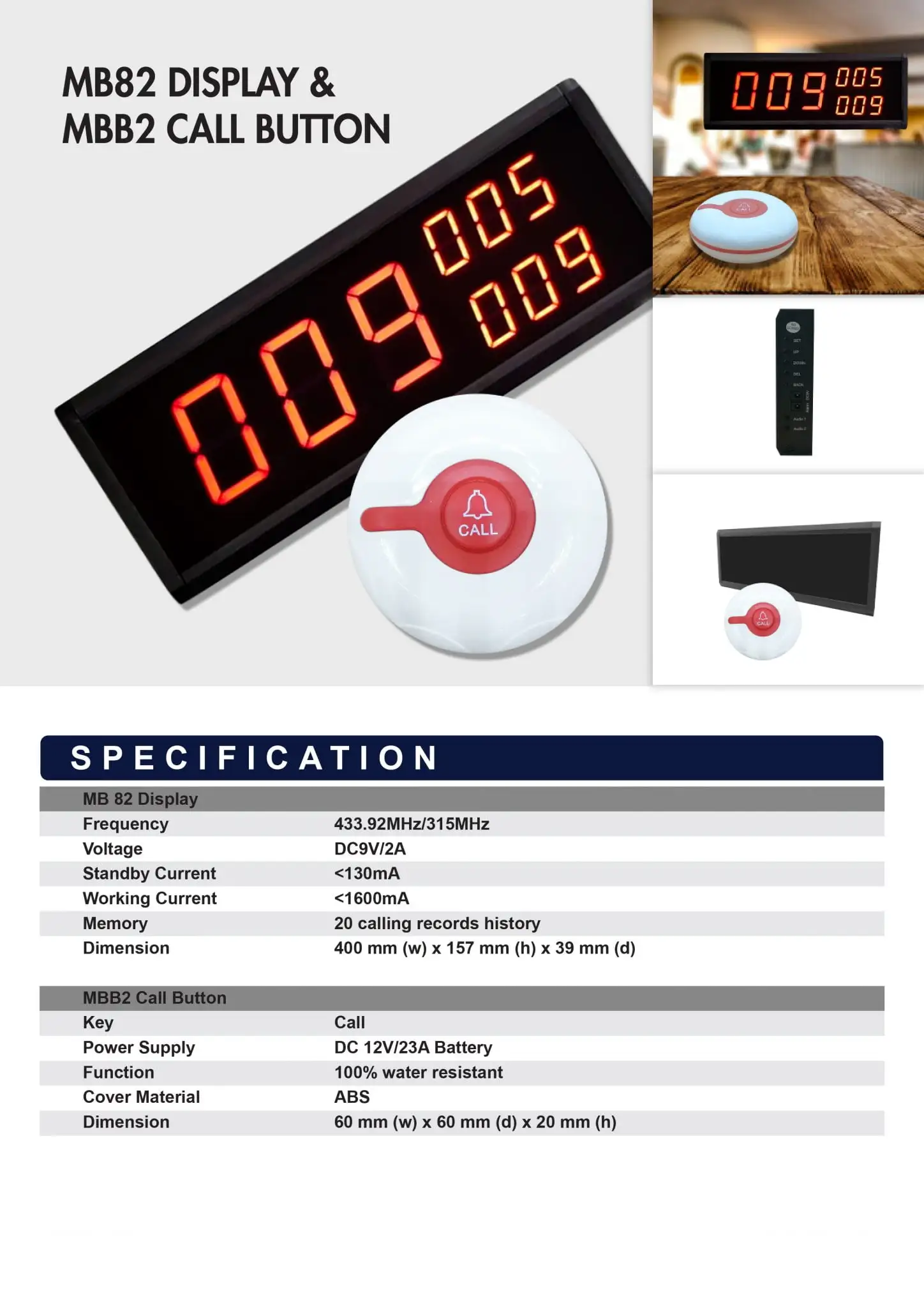 MB82 display with red LED numbers and MBB2 call bell system button showing detailed technical specifications