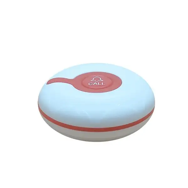 MBB2-MB82-Call-Bell-System3 Light blue and white wireless call bell system button with red center featuring call icon and text
