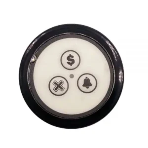 Circular call button with dollar sign, X symbol and bell icon for restaurant payment and service requests