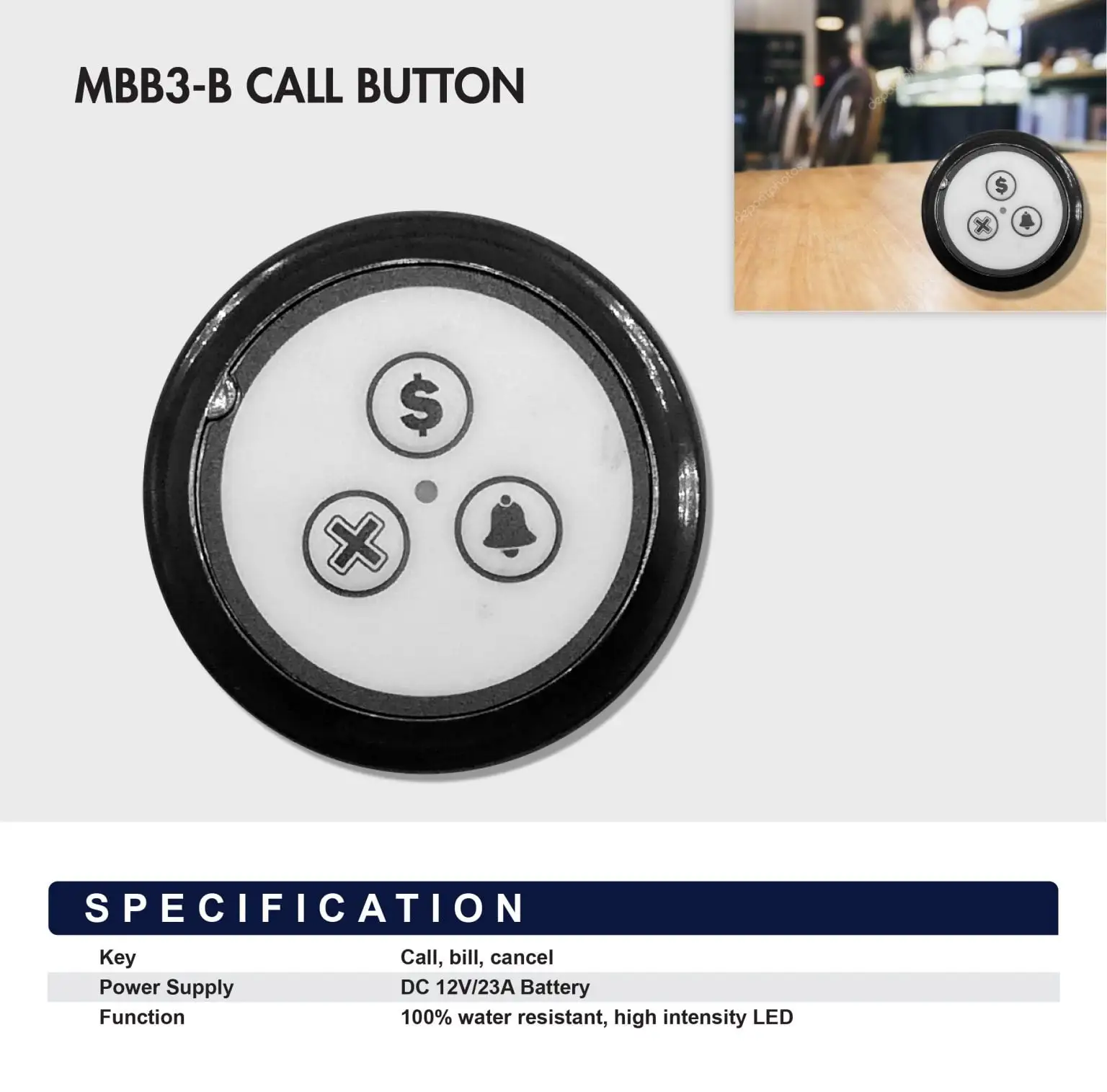 MBB3-B call button with three service icons including dollar sign for billing and bell for service requests