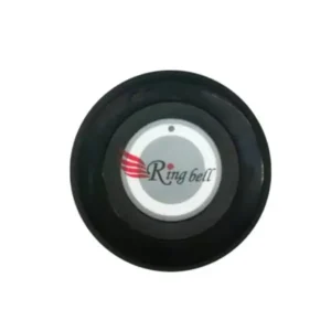Black circular Ring Bell wireless transmitter button with white center label for restaurant service systems