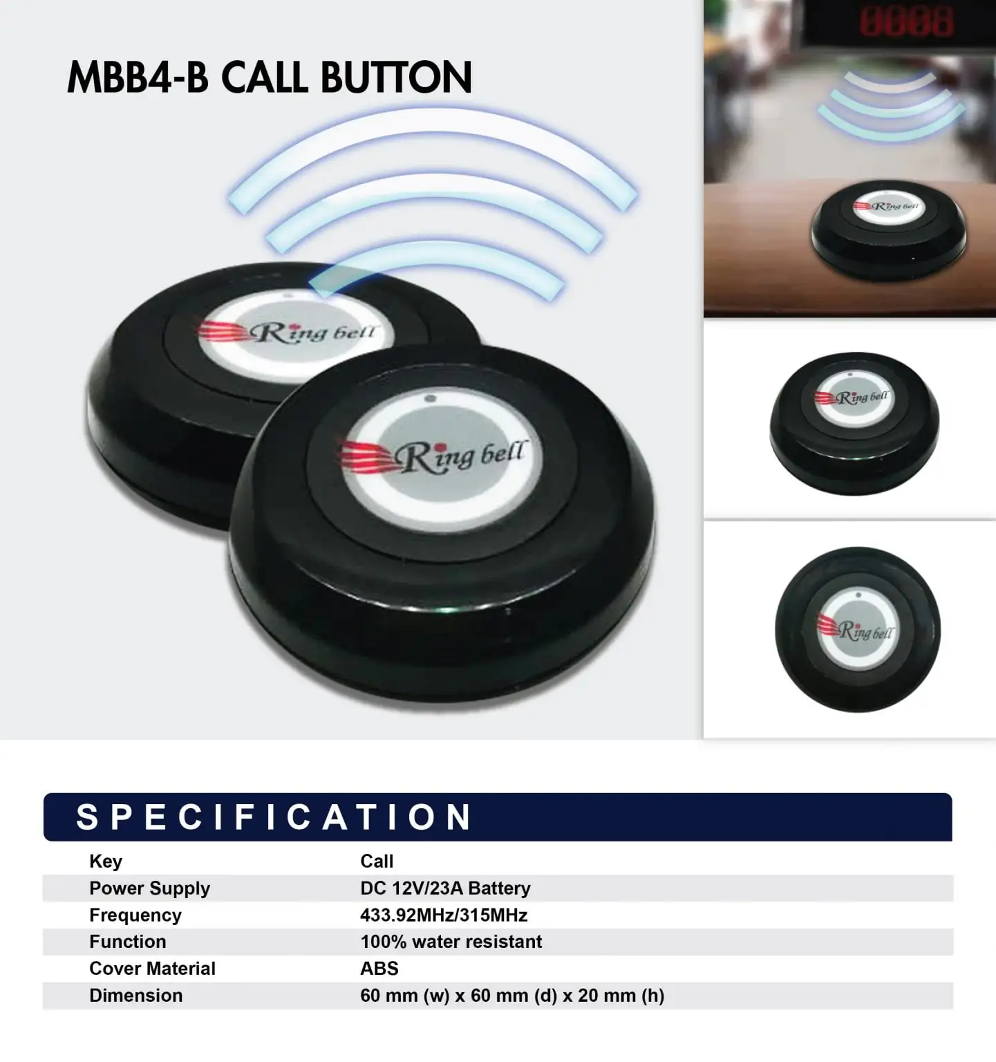 MBB4-B wireless call bell system showing two Ring Bell transmitters with blue signal waves illustration