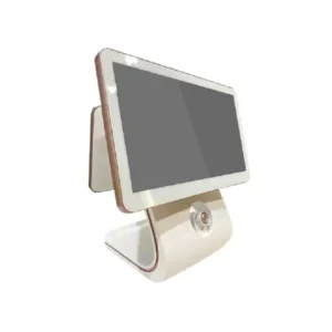 White POS terminal with yellow accents featuring 15-inch capacitive touchscreen and curved stand design