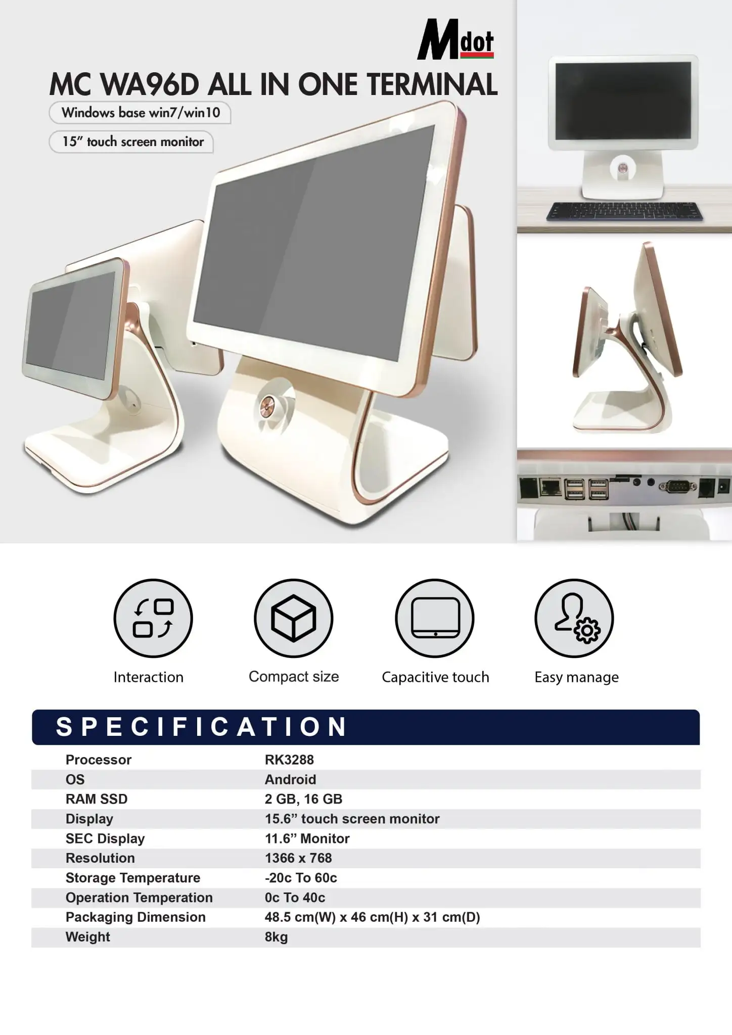 White dual-screen POS terminal WA96D featuring 15-inch touchscreen, RK3288 processor, and elegant styling