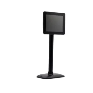 Square black customer POS display with LCD screen and adjustable pole mount for versatile retail positioning