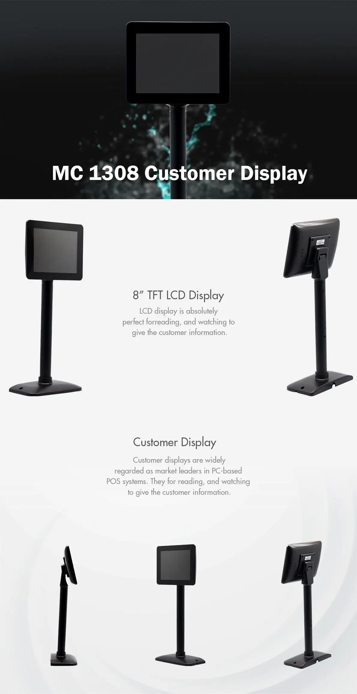 MC 1308 customer POS display featuring 8-inch TFT LCD screen with adjustable pole mount for retail transactions