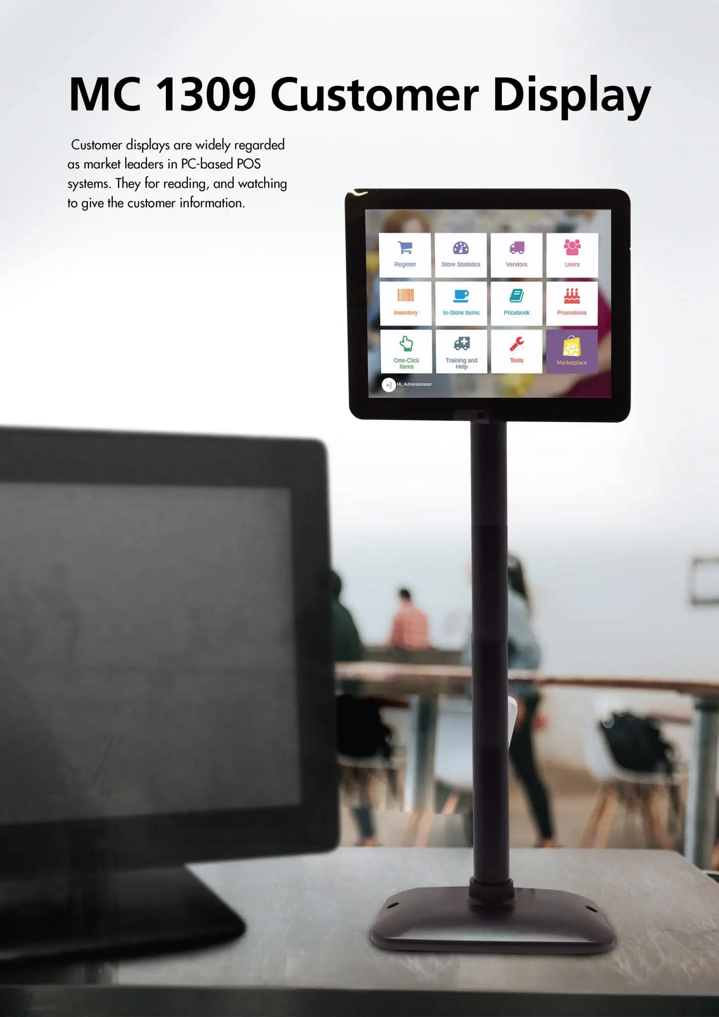 MC 1309 customer POS display in restaurant setting showing colorful interface with business application icons