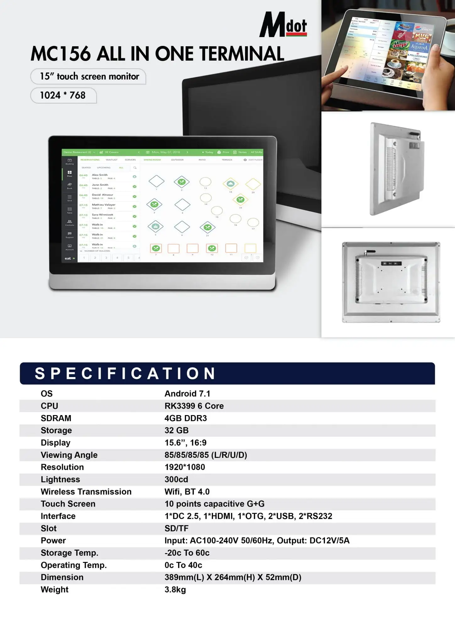 MC156 all-in-one POS terminal with 15-inch touchscreen, Android OS, and table management software