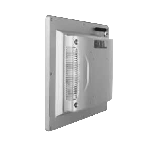 MC156-Pos-Terminal3 Rear panel view of white touchscreen display showing back mounting system and connection ports
