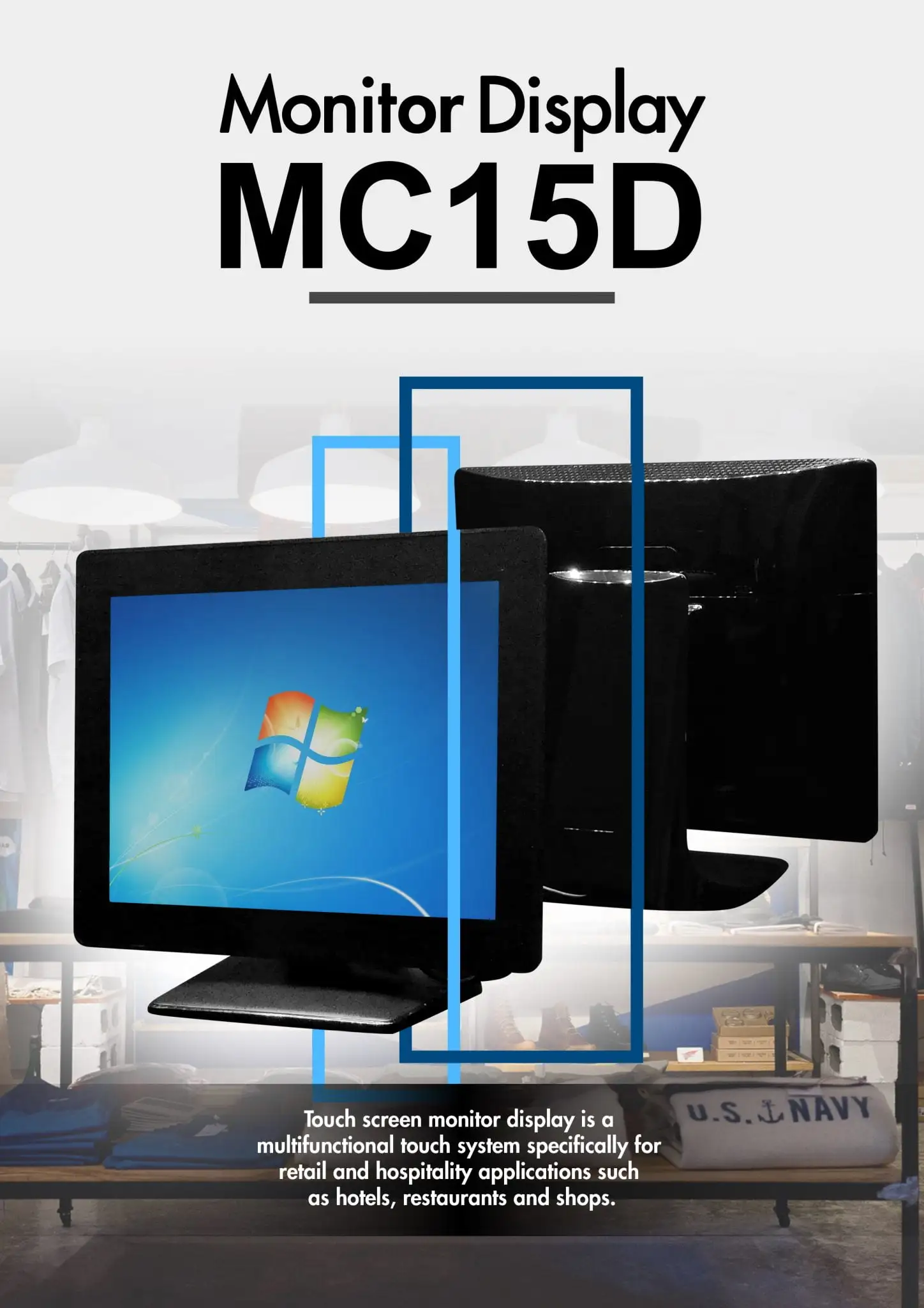 Professional MC15D touchscreen monitor showcasing multifunctional capabilities for retail point of sale systems