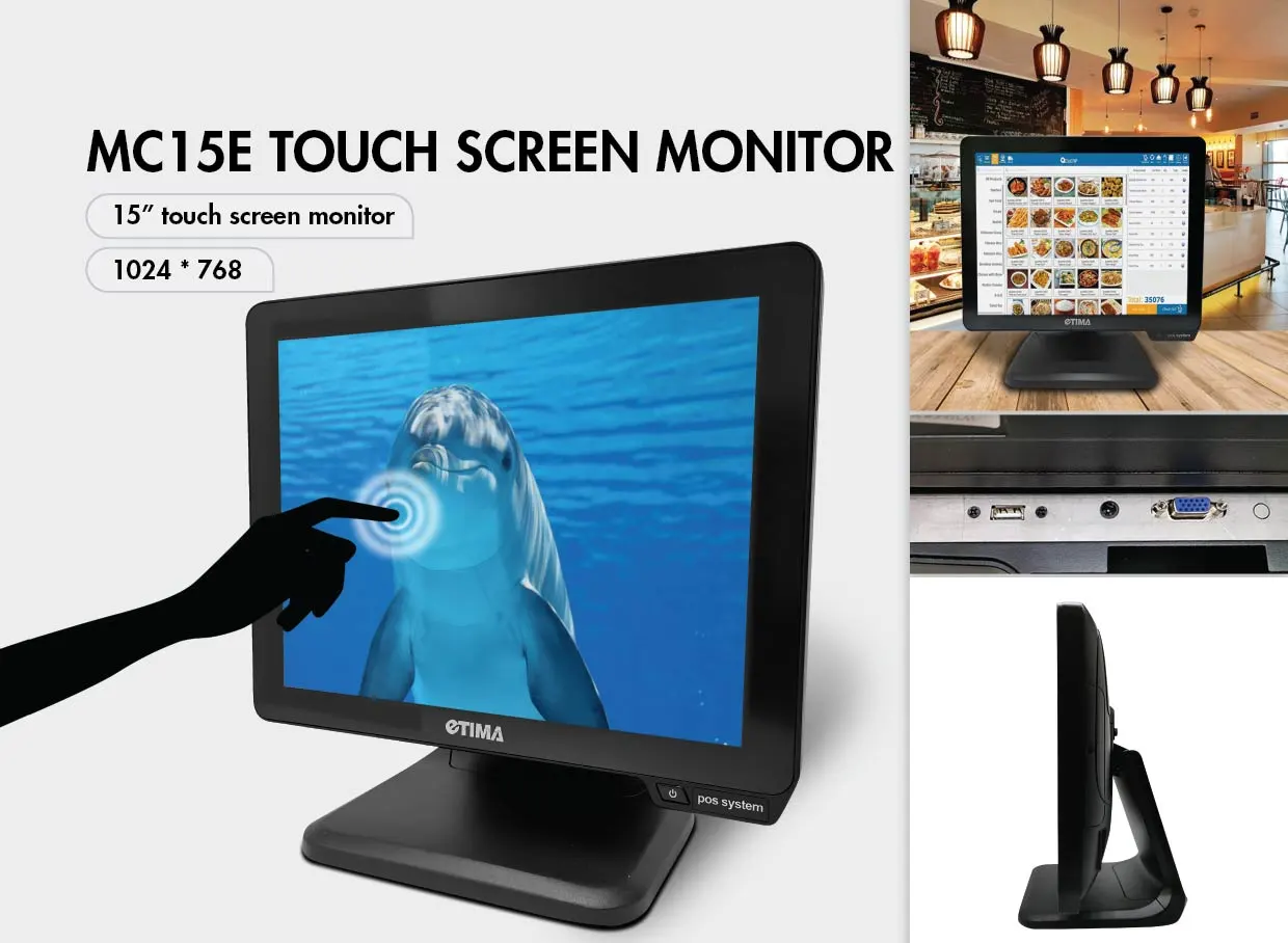 MC15E touchscreen monitor in restaurant setting showing 15-inch 1024x768 display with POS system interface