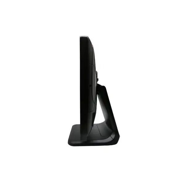 MC15E-Monitor-Display1 Side angle view of black touchscreen monitor showing ergonomic profile and adjustable stand positioning